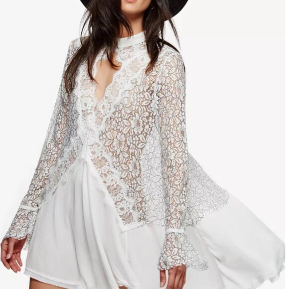 FREE PEOPLE Tell Tale Cutout Lace Tunic, White, Size M - LIKE NEW - Picture 1 of 8